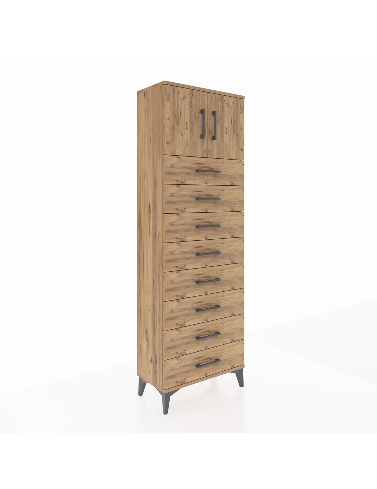 Arges Dolap 2 Raflı 8 Çekmeceli 2 Kapaklı 60x30x182 Çam-Çam