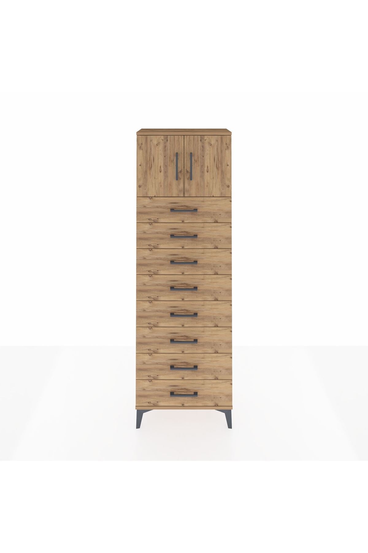 Arges Dolap 2 Raflı 8 Çekmeceli 2 Kapaklı 60x30x182 Çam-Çam