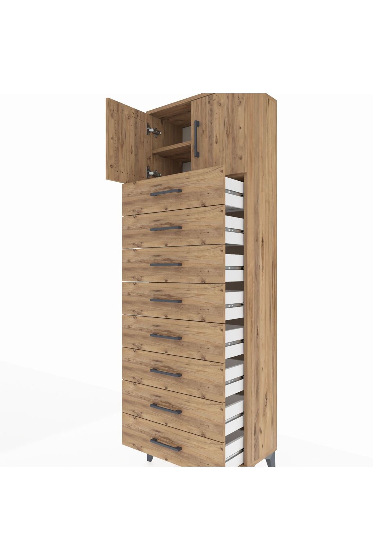 Arges Dolap 2 Raflı 8 Çekmeceli 2 Kapaklı 60x30x182 Çam-Çam