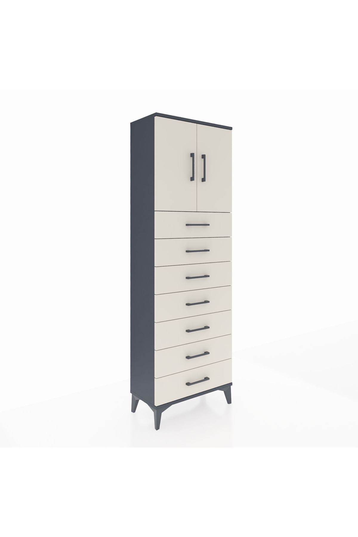 Arges Dolap 2 Raflı 7 Çekmeceli 2 Kapaklı 60x30x182 Antrasit-Aytaşı