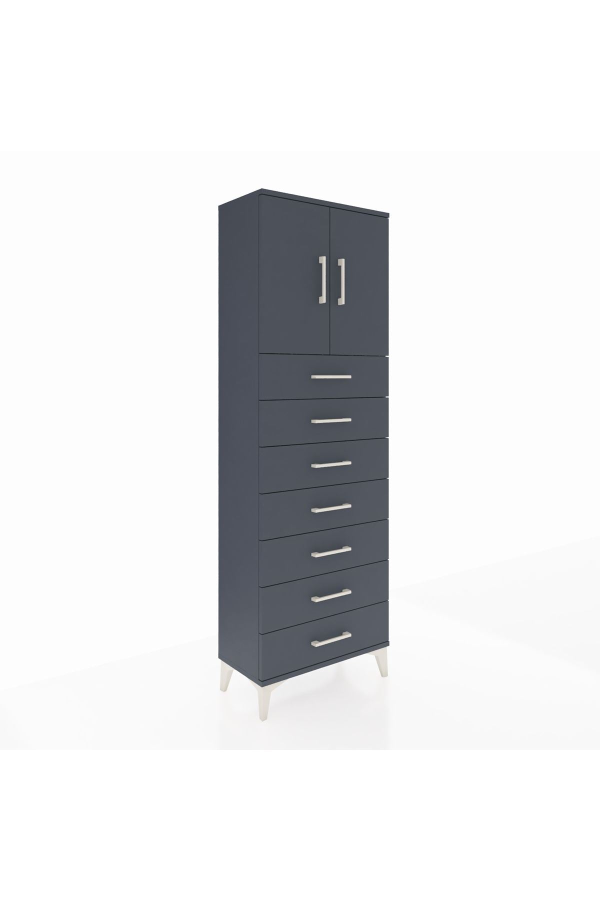 Arges Dolap 2 Raflı 7 Çekmeceli 2 Kapaklı 60x30x182 Antrasit-Antrasit