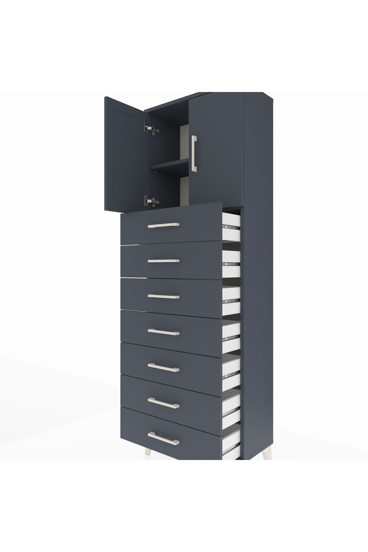 Arges Dolap 2 Raflı 7 Çekmeceli 2 Kapaklı 60x30x182 Antrasit-Antrasit