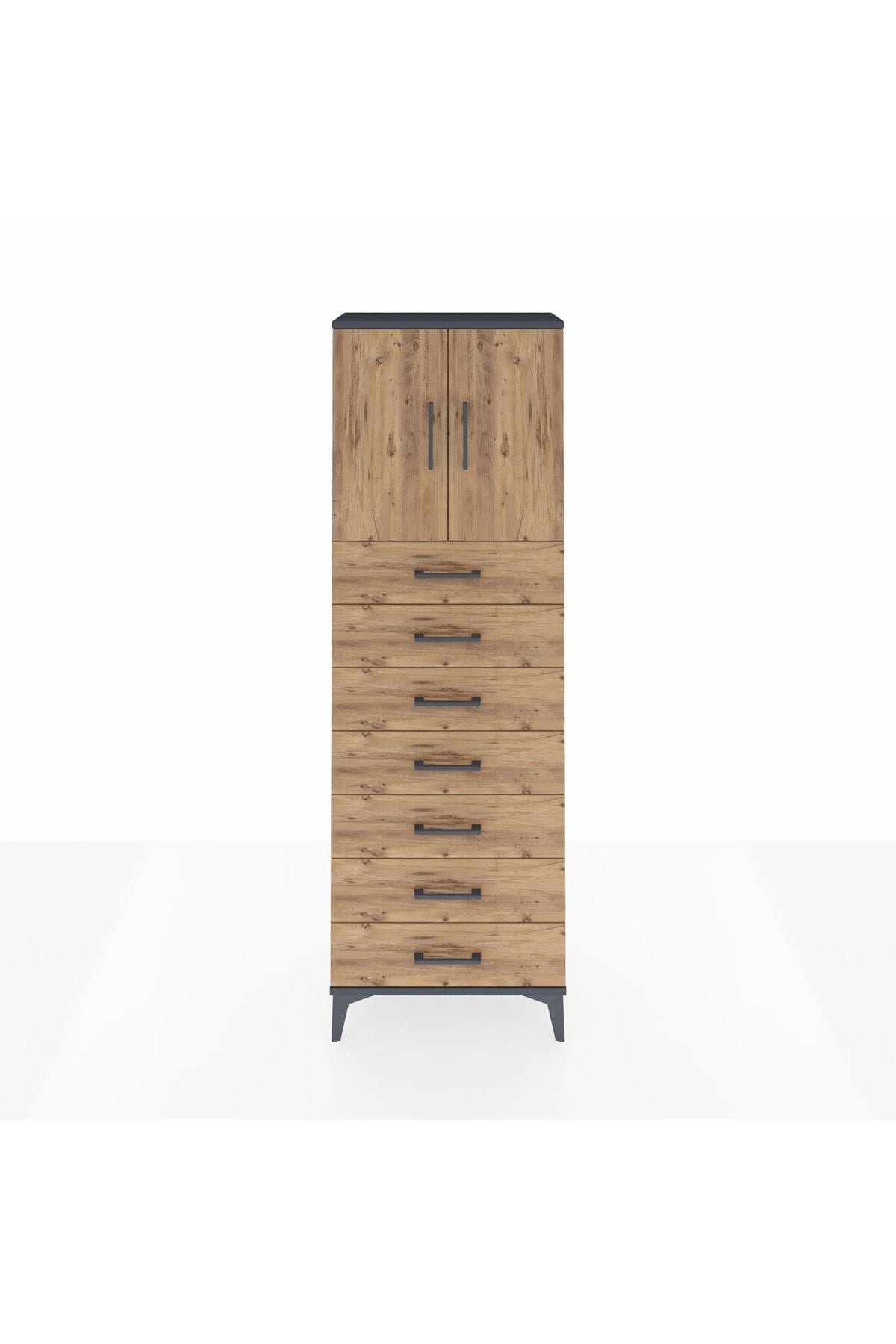 Arges Dolap 2 Raflı 7 Çekmeceli 2 Kapaklı 60x30x182 Antrasit-Çam