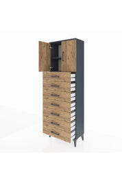 Arges Dolap 2 Raflı 7 Çekmeceli 2 Kapaklı 60x30x182 Antrasit-Çam