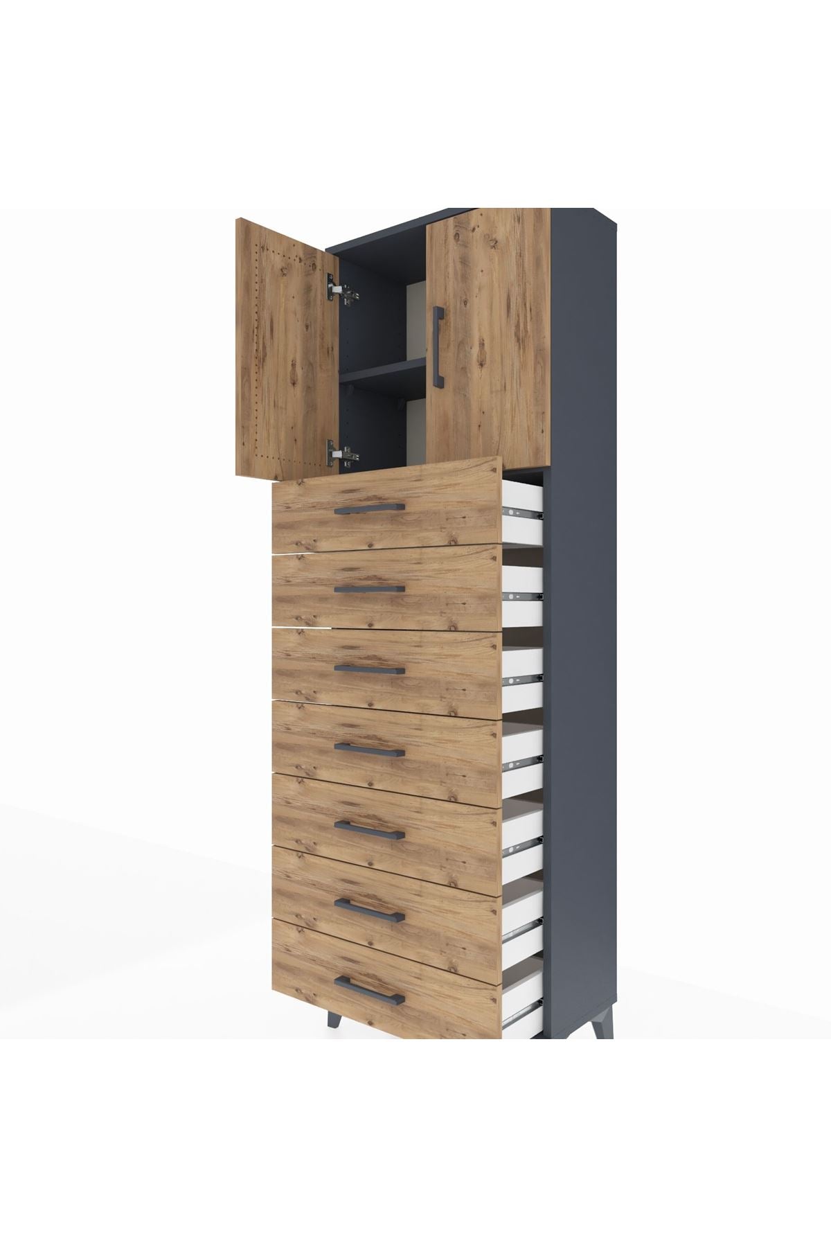 Arges Dolap 2 Raflı 7 Çekmeceli 2 Kapaklı 60x30x182 Antrasit-Çam