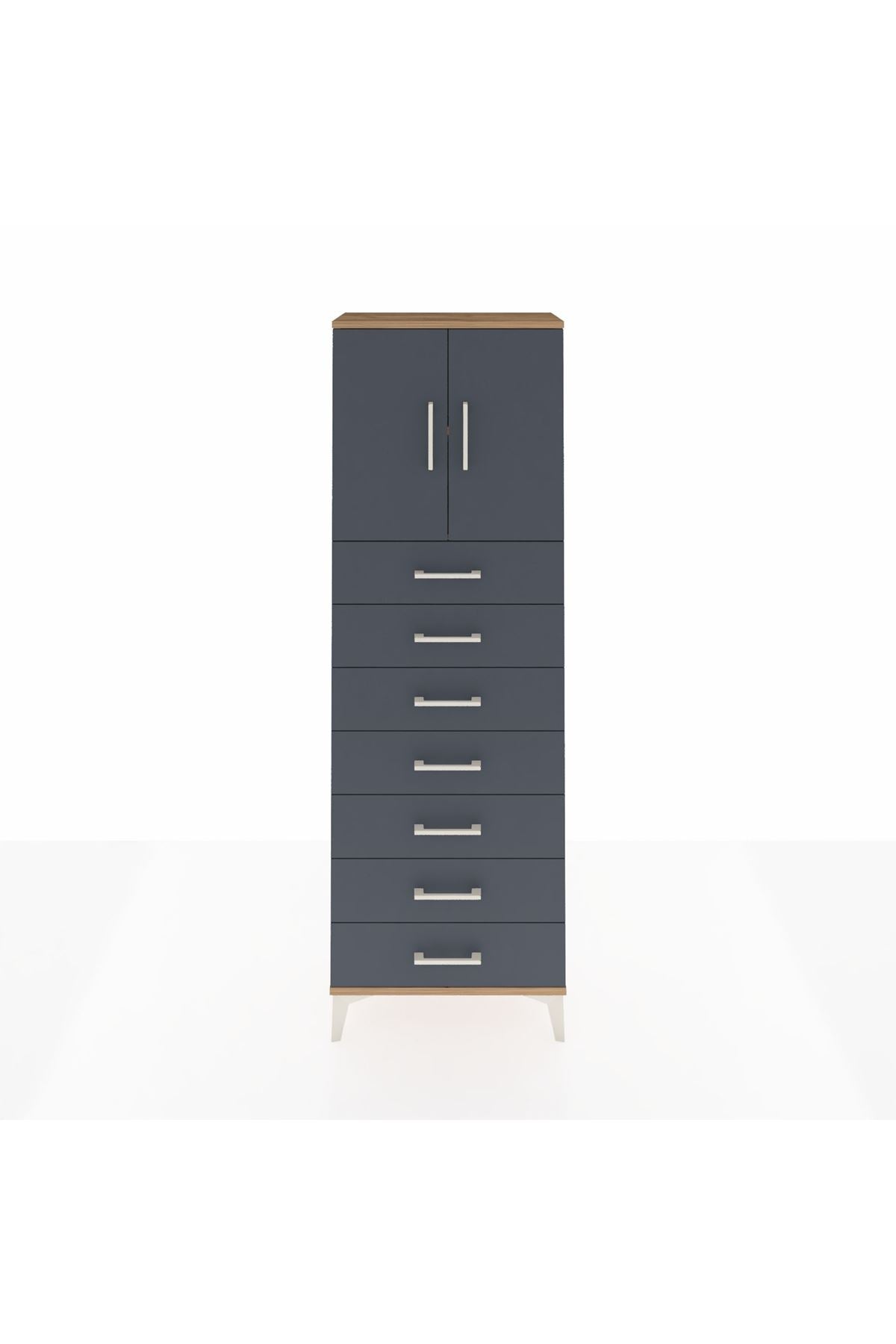 Arges Dolap 2 Raflı 7 Çekmeceli 2 Kapaklı 60x30x182 Çam-Antrasit