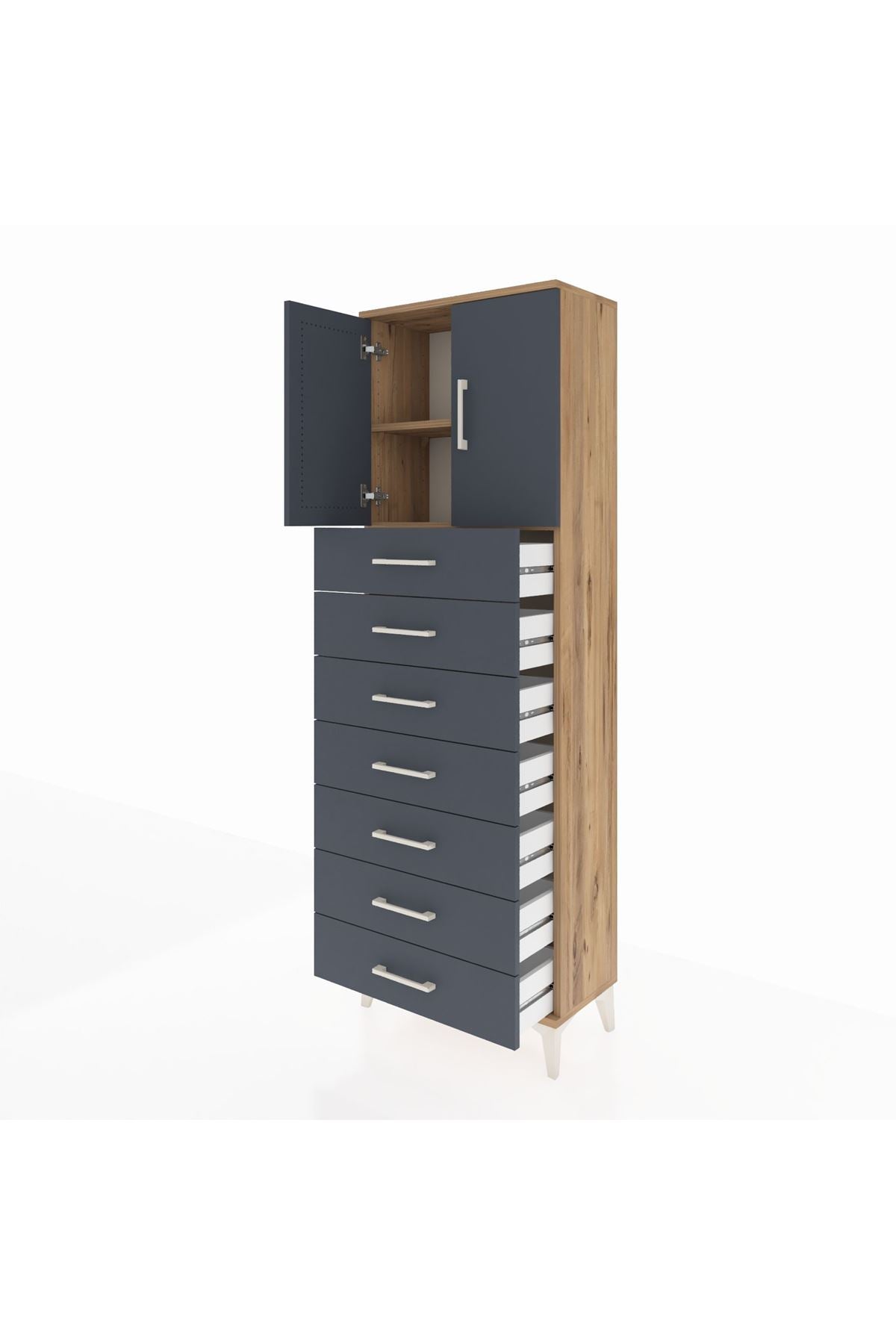 Arges Dolap 2 Raflı 7 Çekmeceli 2 Kapaklı 60x30x182 Çam-Antrasit