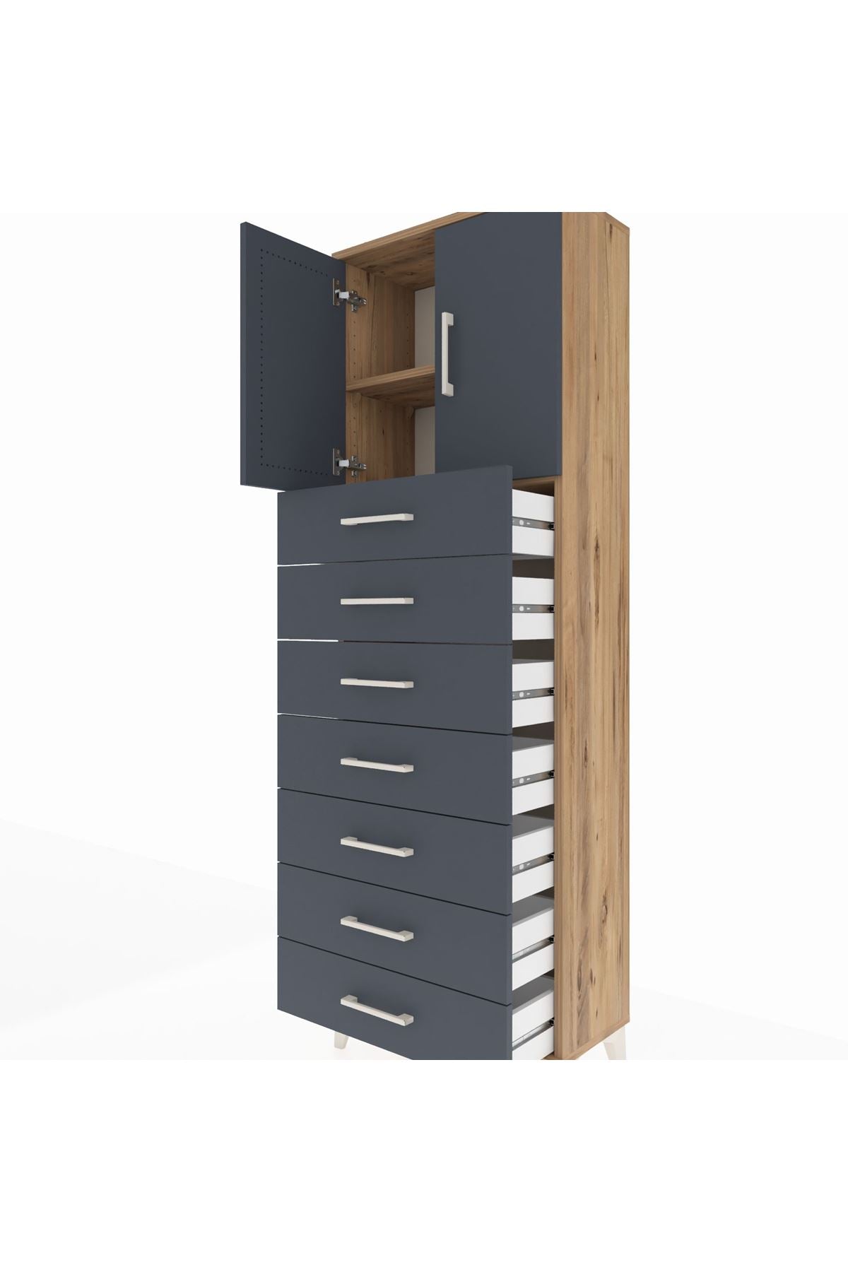 Arges Dolap 2 Raflı 7 Çekmeceli 2 Kapaklı 60x30x182 Çam-Antrasit