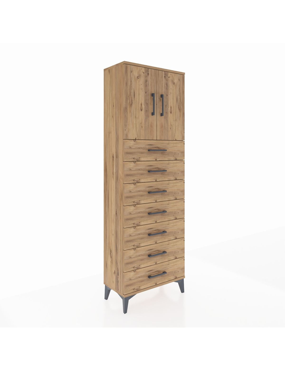 Arges Dolap 2 Raflı 7 Çekmeceli 2 Kapaklı 60x30x182 Çam-Çam