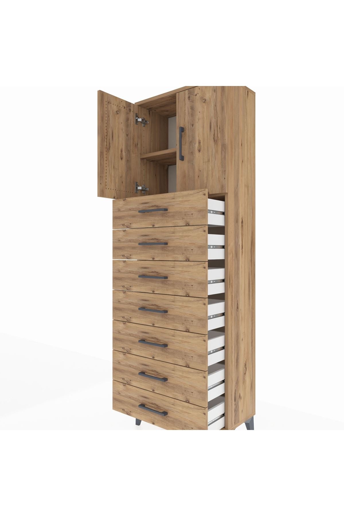 Arges Dolap 2 Raflı 7 Çekmeceli 2 Kapaklı 60x30x182 Çam-Çam