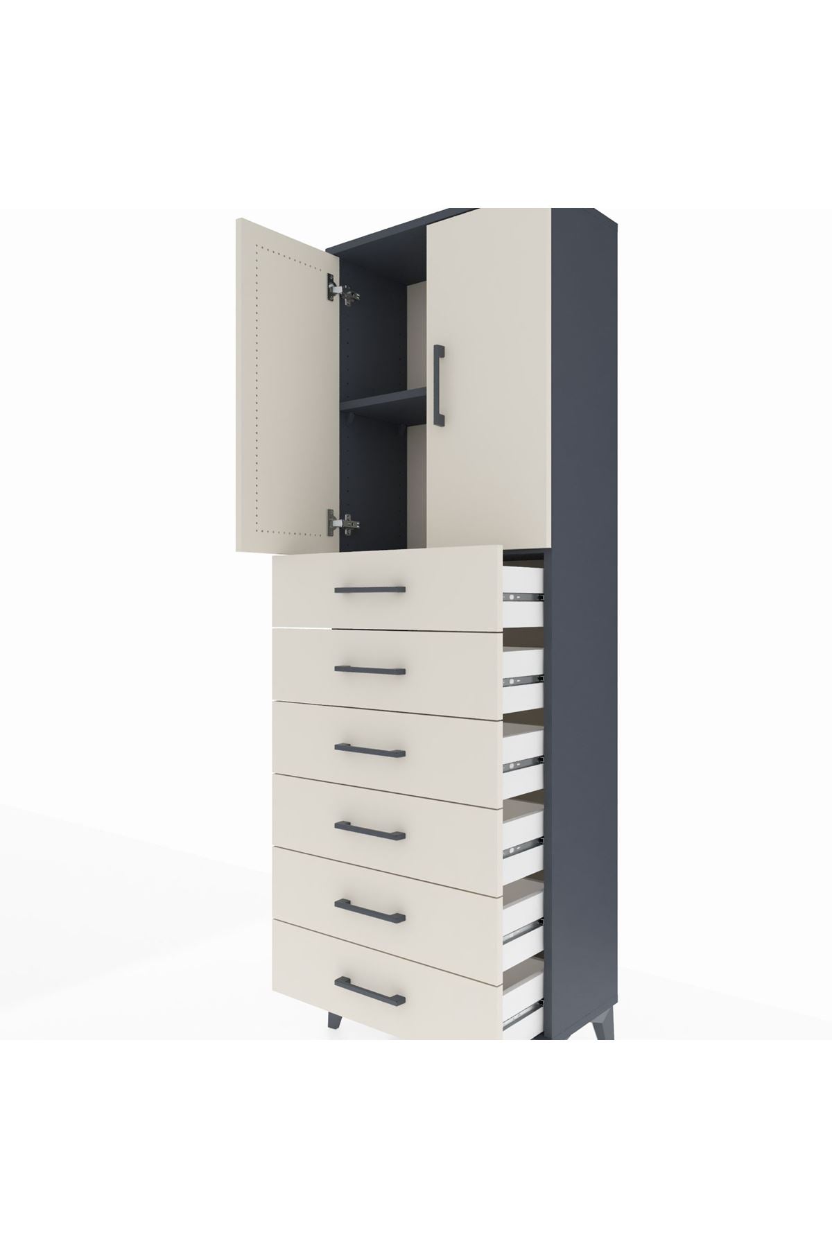 Arges Dolap 2 Raflı 6 Çekmeceli 2 Kapaklı 60x30x182 Antrasit-Aytaşı