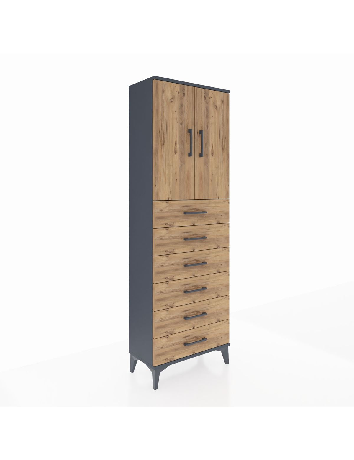 Arges Dolap 2 Raflı 6 Çekmeceli 2 Kapaklı 60x30x182 Antrasit-Çam