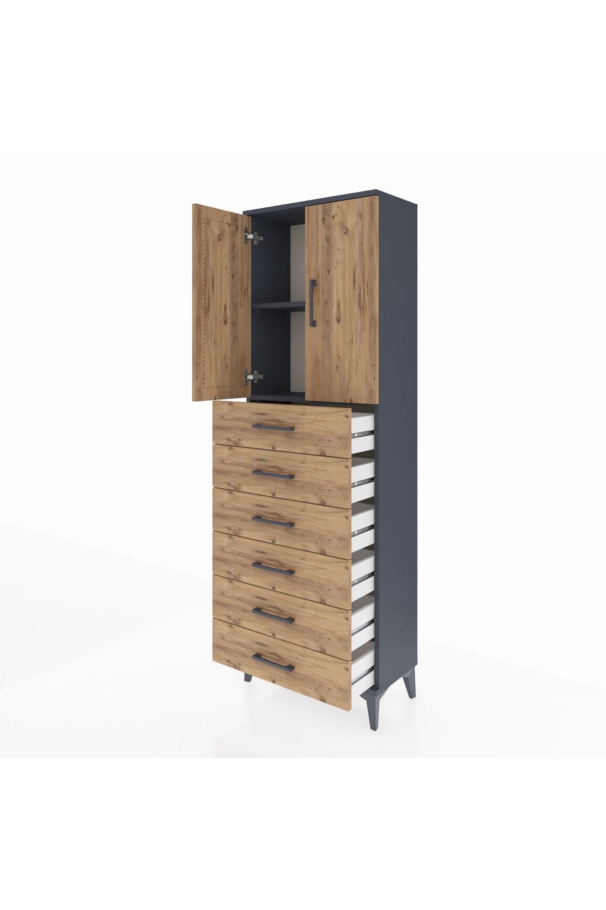 Arges Dolap 2 Raflı 6 Çekmeceli 2 Kapaklı 60x30x182 Antrasit-Çam