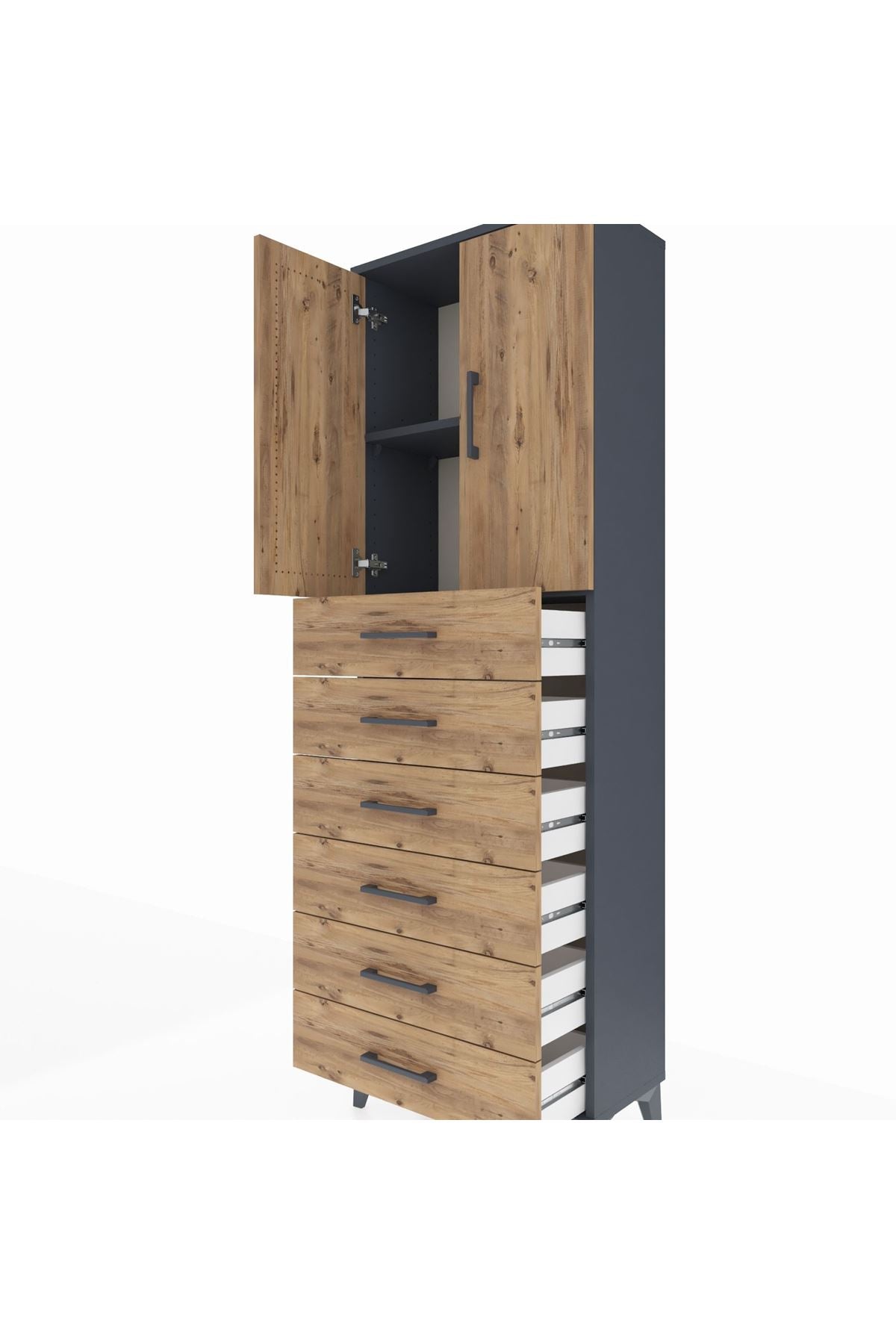 Arges Dolap 2 Raflı 6 Çekmeceli 2 Kapaklı 60x30x182 Antrasit-Çam