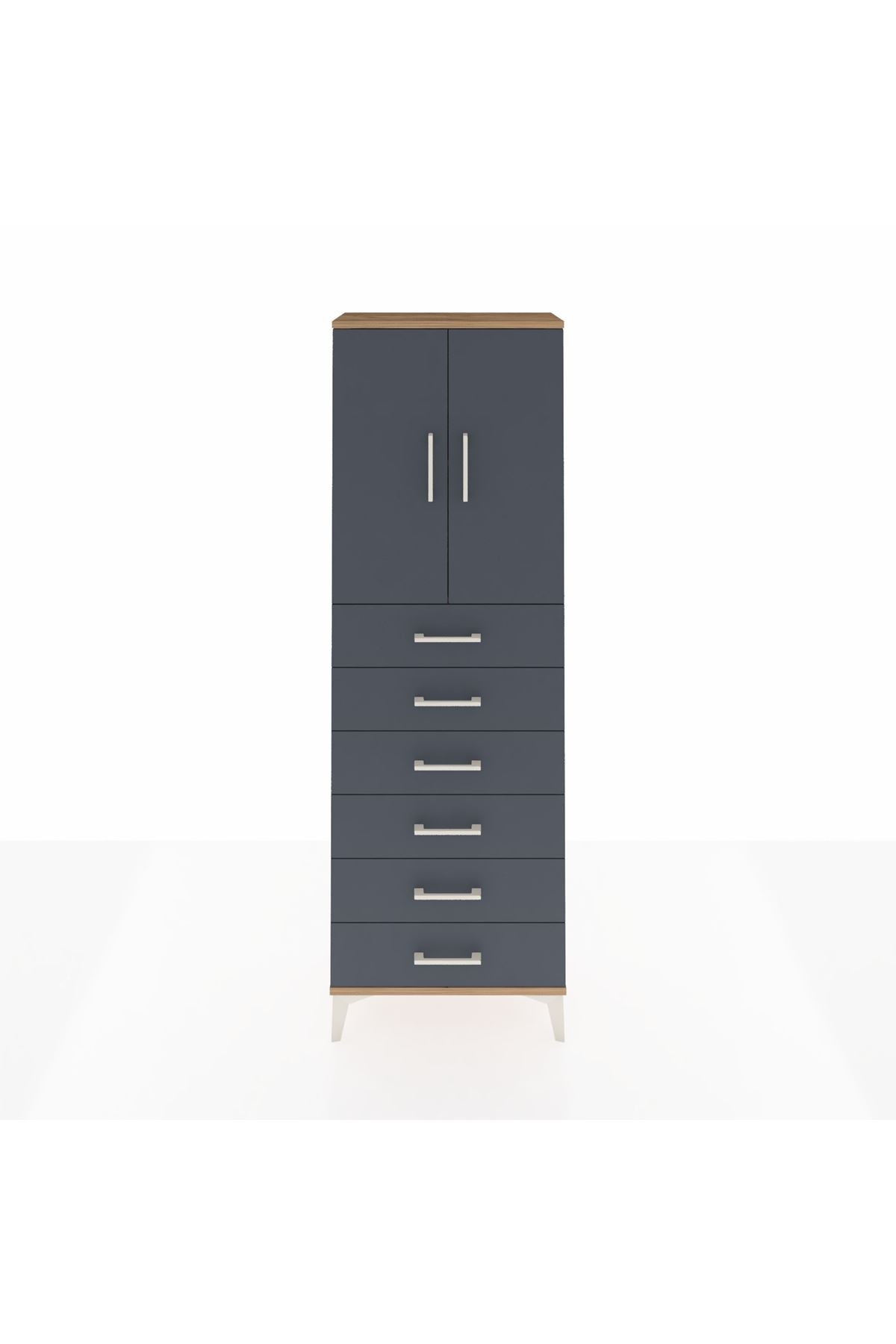 Arges Dolap 2 Raflı 6 Çekmeceli 2 Kapaklı 60x30x182 Çam-Antrasit