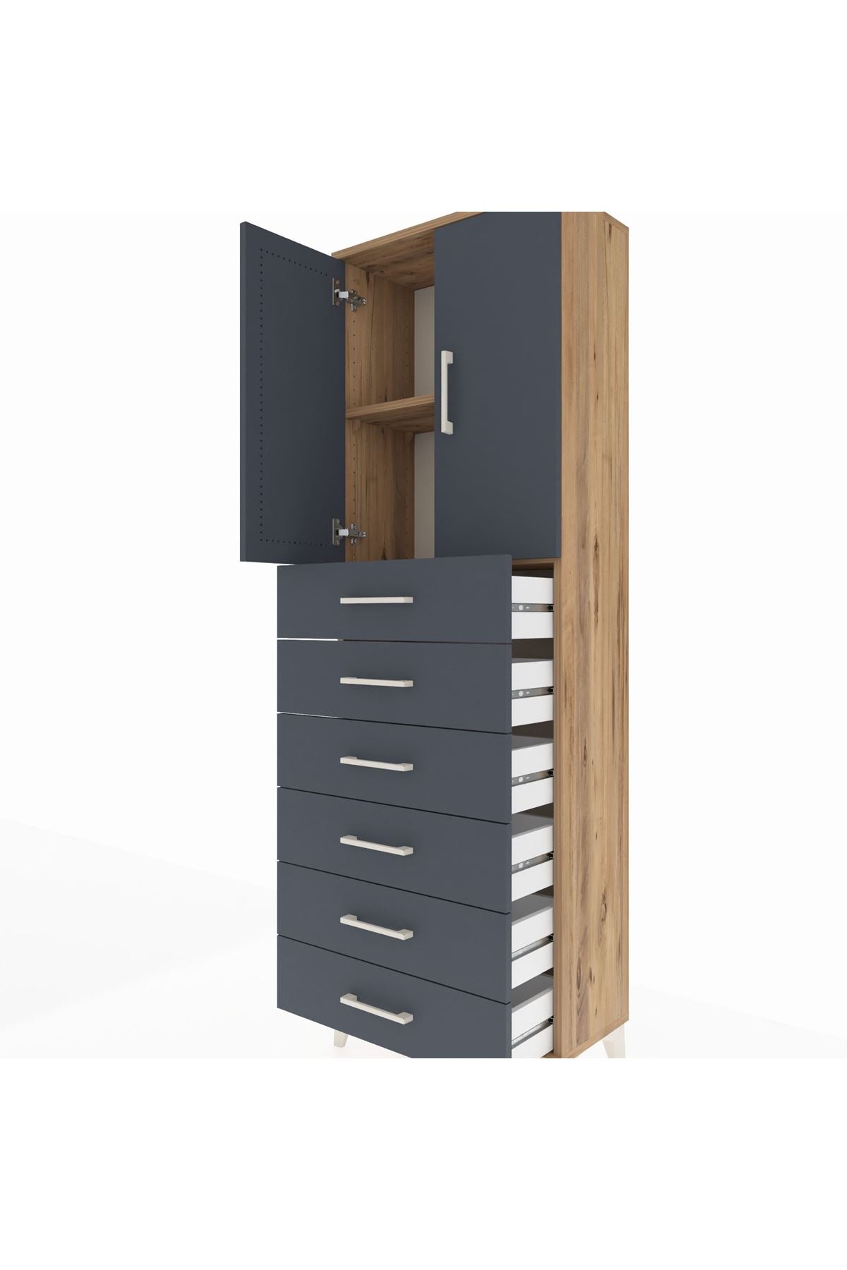 Arges Dolap 2 Raflı 6 Çekmeceli 2 Kapaklı 60x30x182 Çam-Antrasit