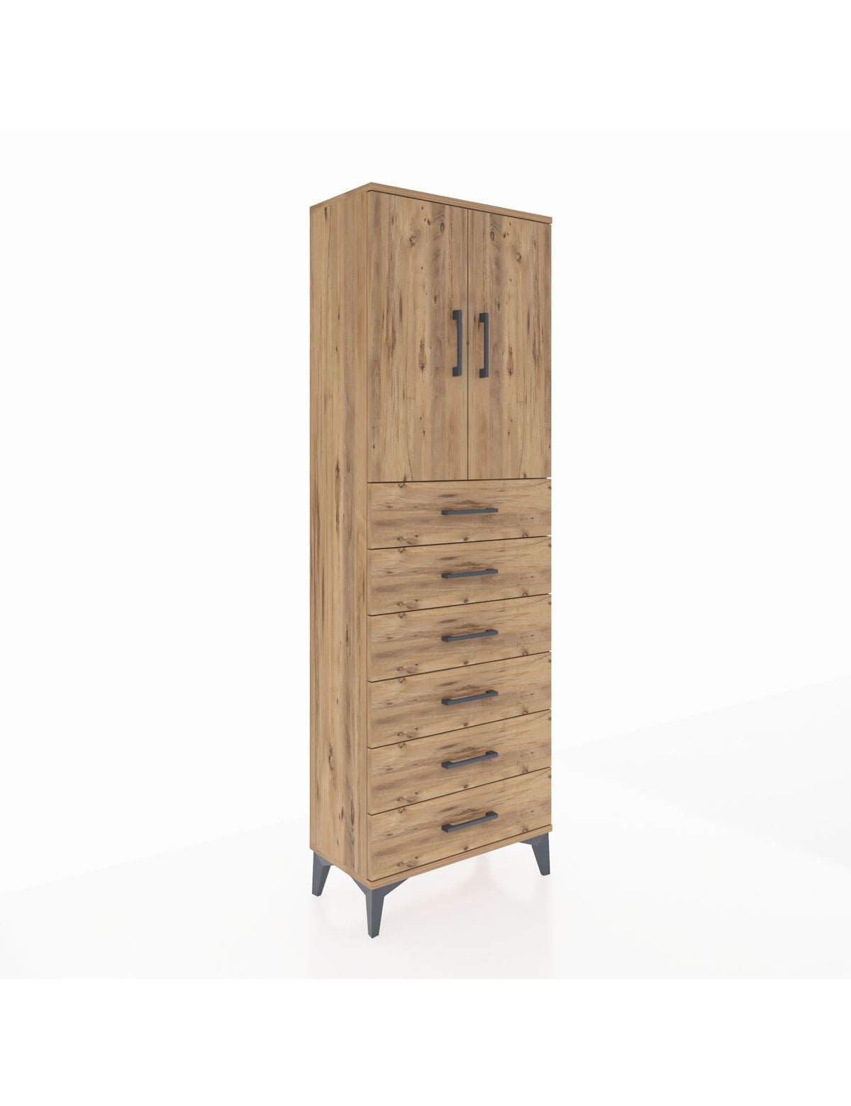 Arges Dolap 2 Raflı 6 Çekmeceli 2 Kapaklı 60x30x182 Çam-Çam