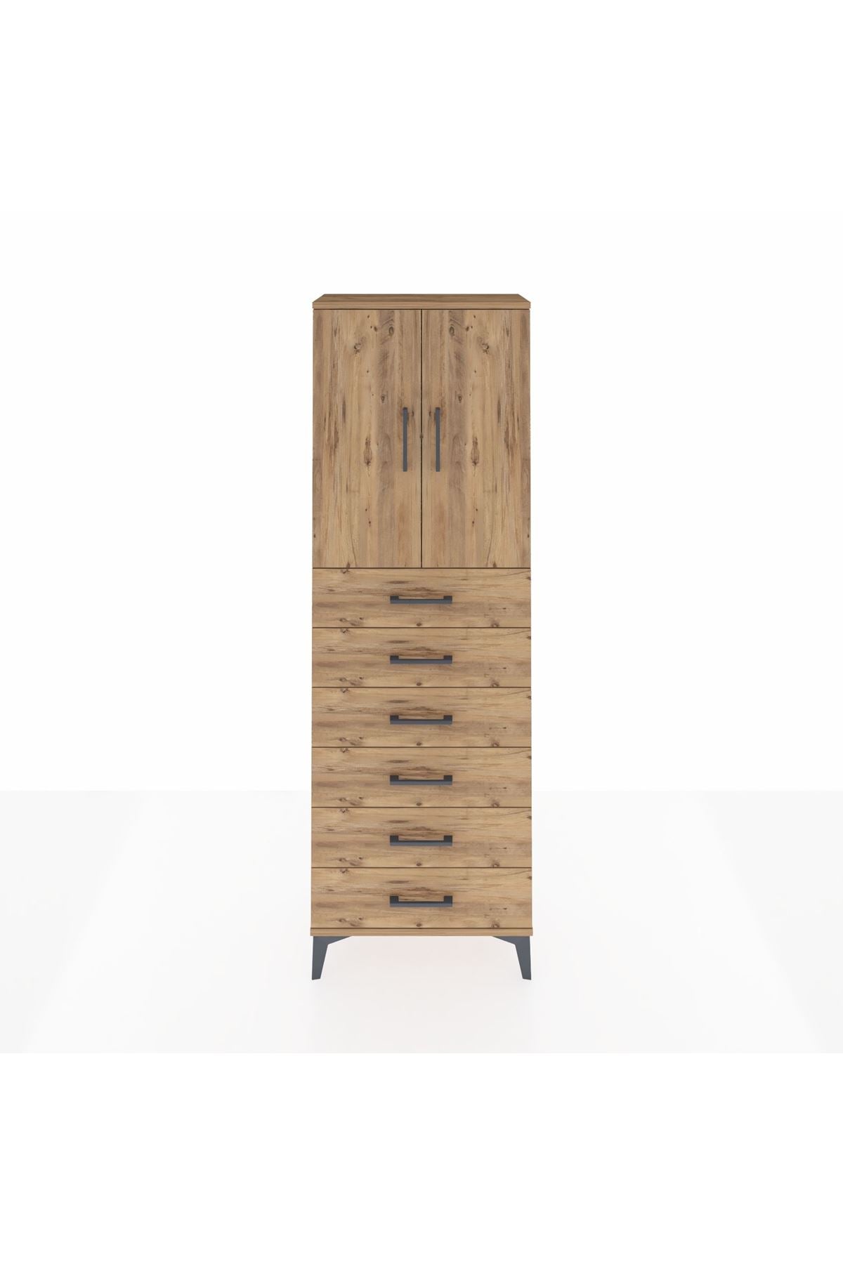 Arges Dolap 2 Raflı 6 Çekmeceli 2 Kapaklı 60x30x182 Çam-Çam