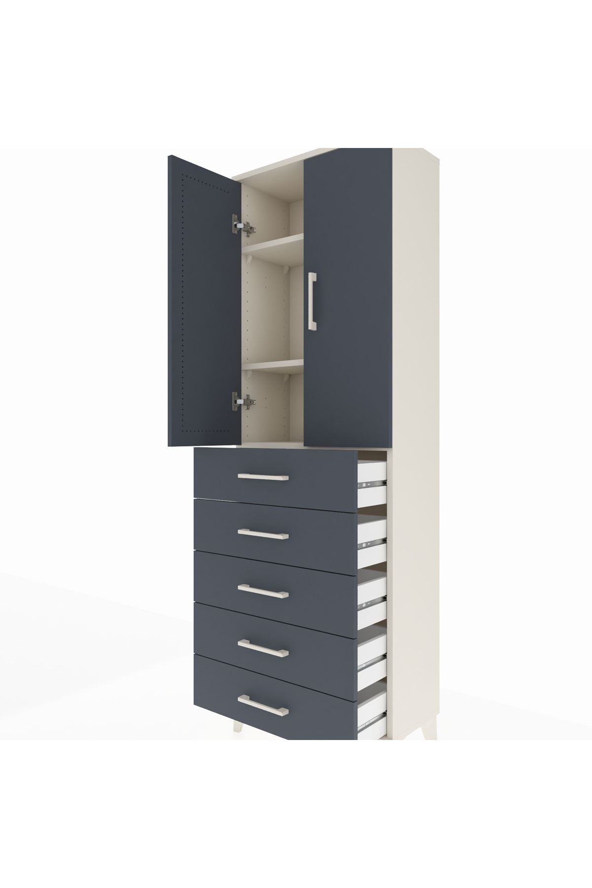 Arges Dolap 3 Raflı 5 Çekmeceli 2 Kapaklı 60x30x182 Aytaşı-Antrasit