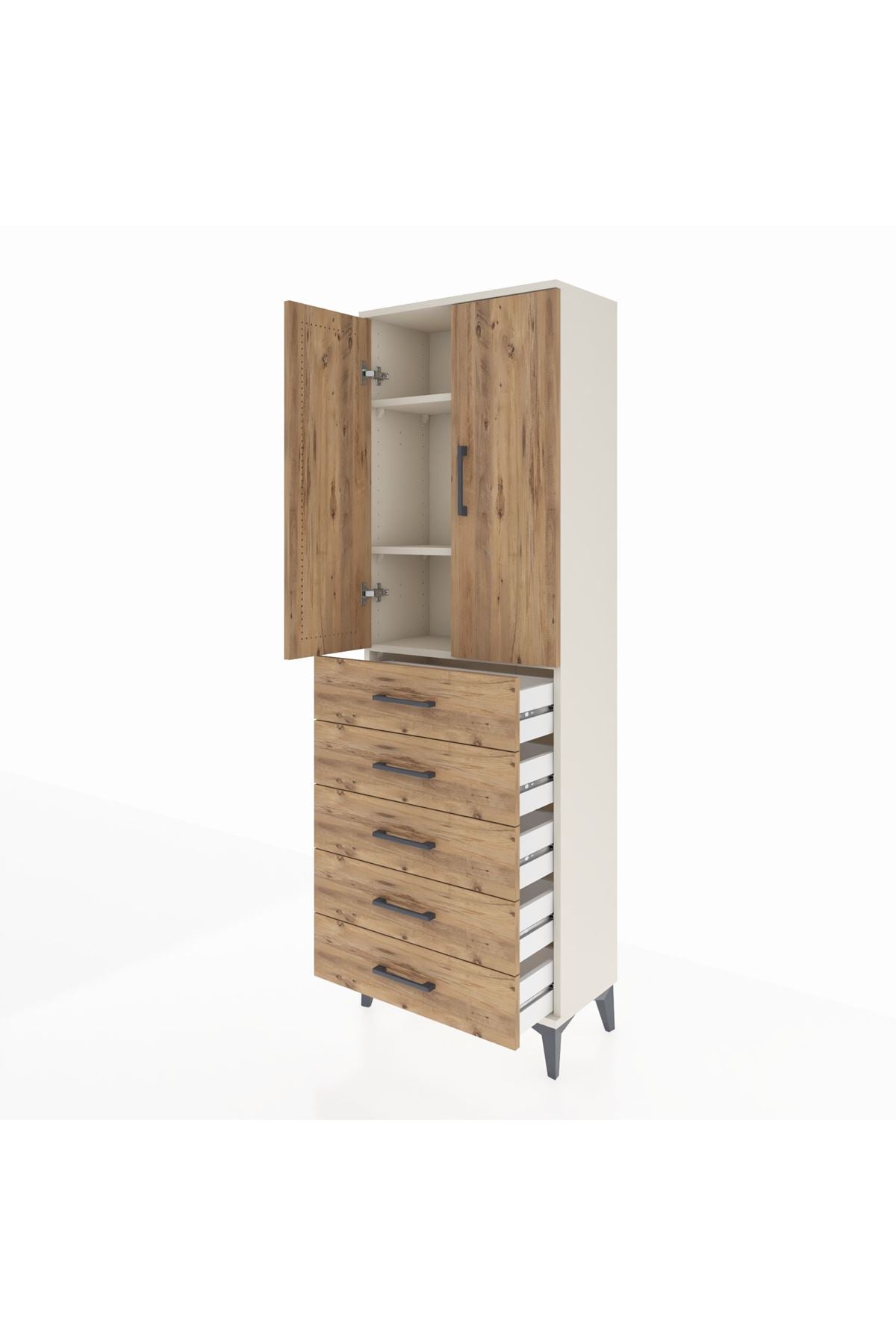 Arges Dolap 3 Raflı 5 Çekmeceli 2 Kapaklı 60x30x182 Aytaşı-Çam