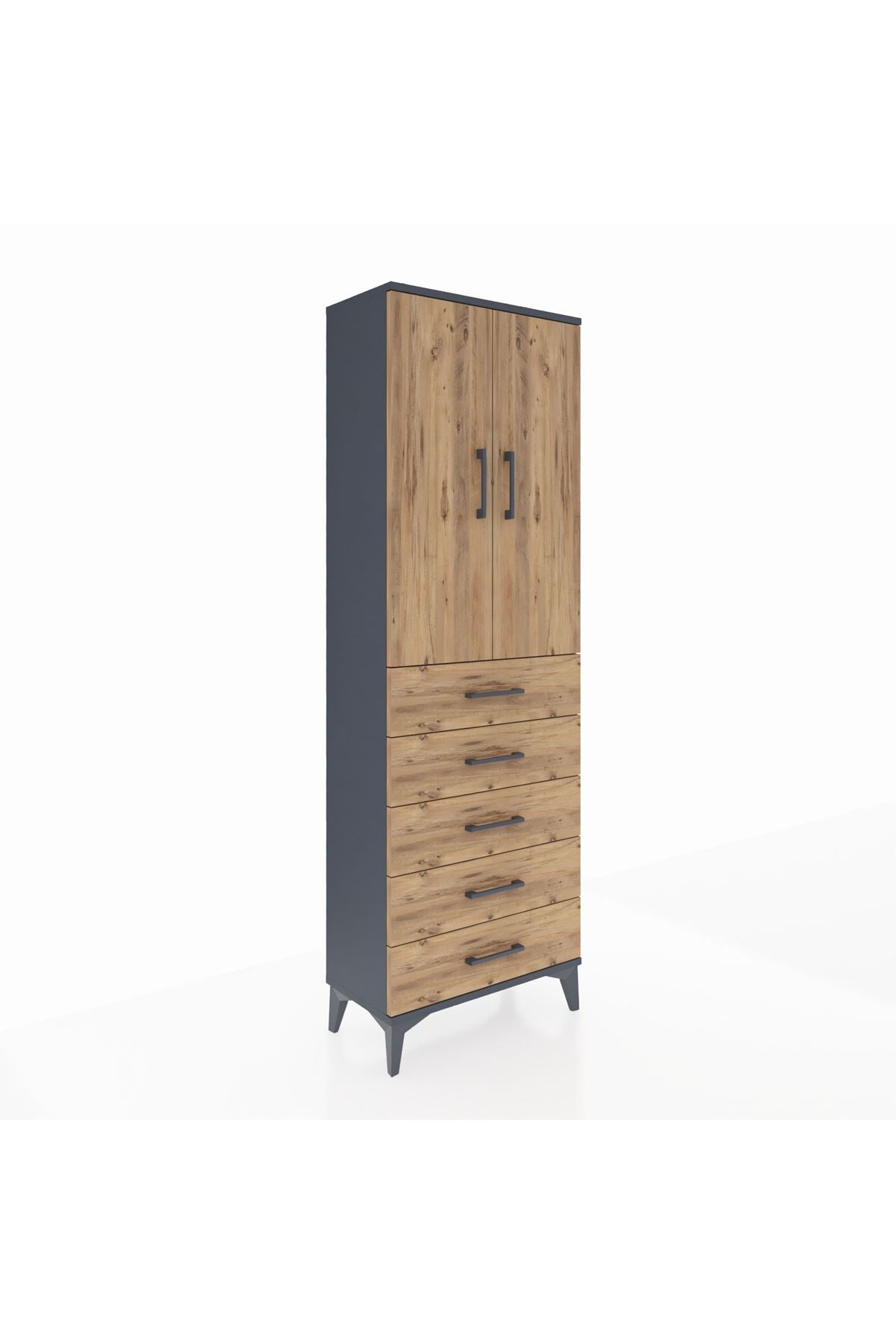 Arges Dolap 3 Raflı 5 Çekmeceli 2 Kapaklı 60x30x182 Antrasit-Çam