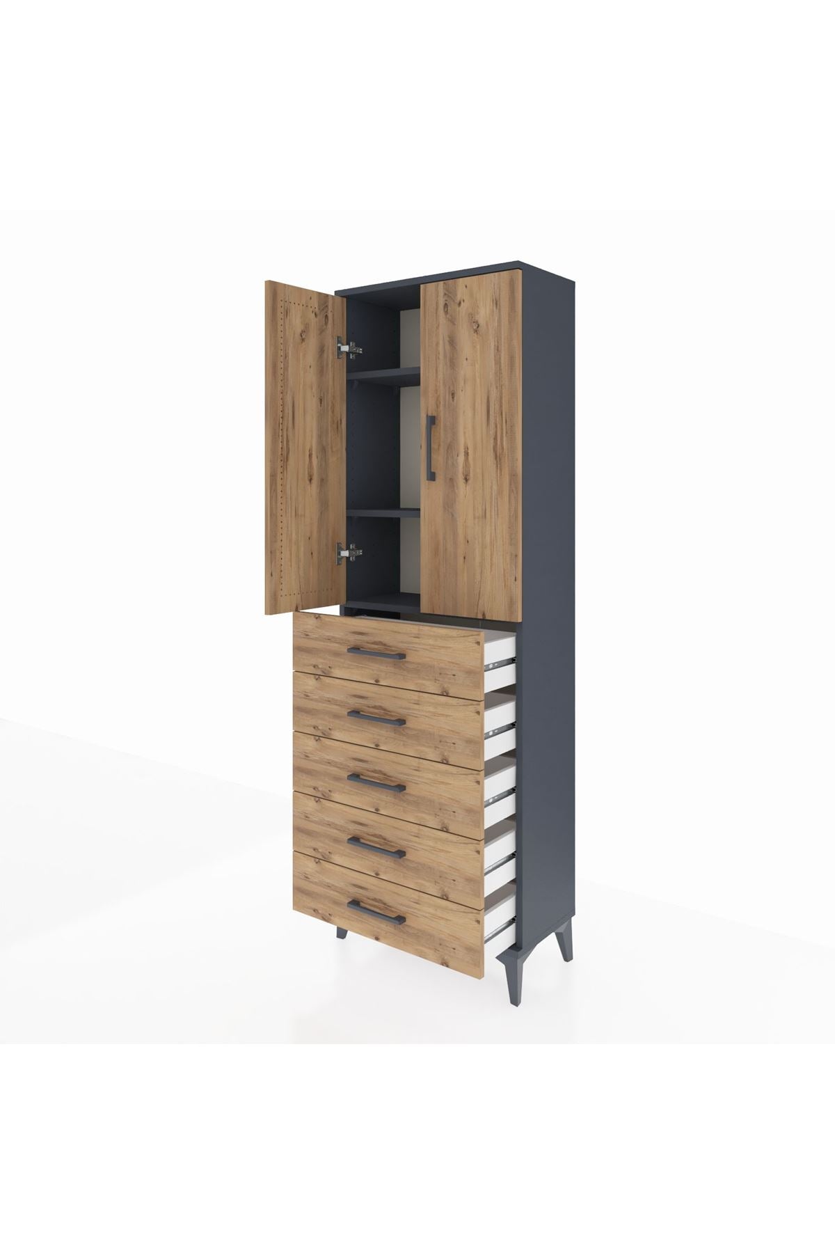 Arges Dolap 3 Raflı 5 Çekmeceli 2 Kapaklı 60x30x182 Antrasit-Çam