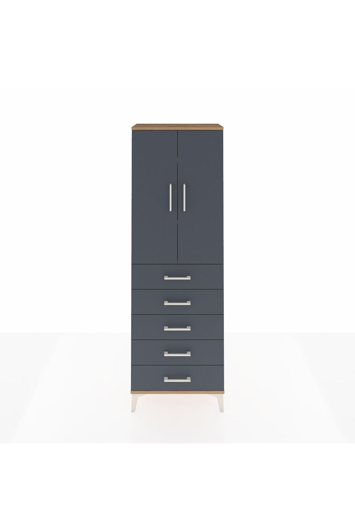 Arges Dolap 3 Raflı 5 Çekmeceli 2 Kapaklı 60x30x182 Çam-Antrasit