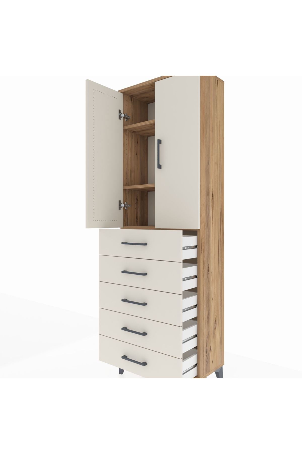 Arges Dolap 3 Raflı 5 Çekmeceli 2 Kapaklı 60x30x182 Çam-Aytaşı