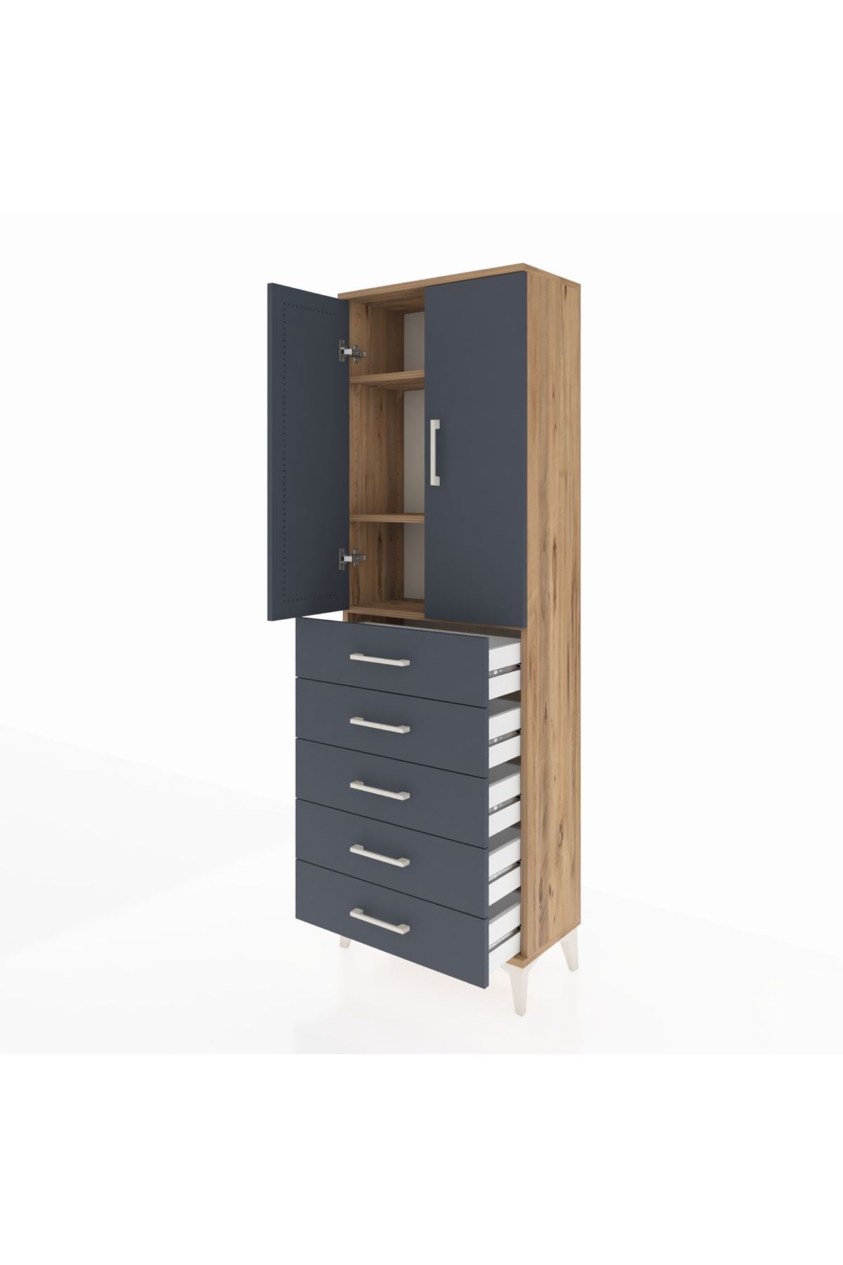 Arges Dolap 3 Raflı 5 Çekmeceli 2 Kapaklı 60x30x182 Çam-Antrasit