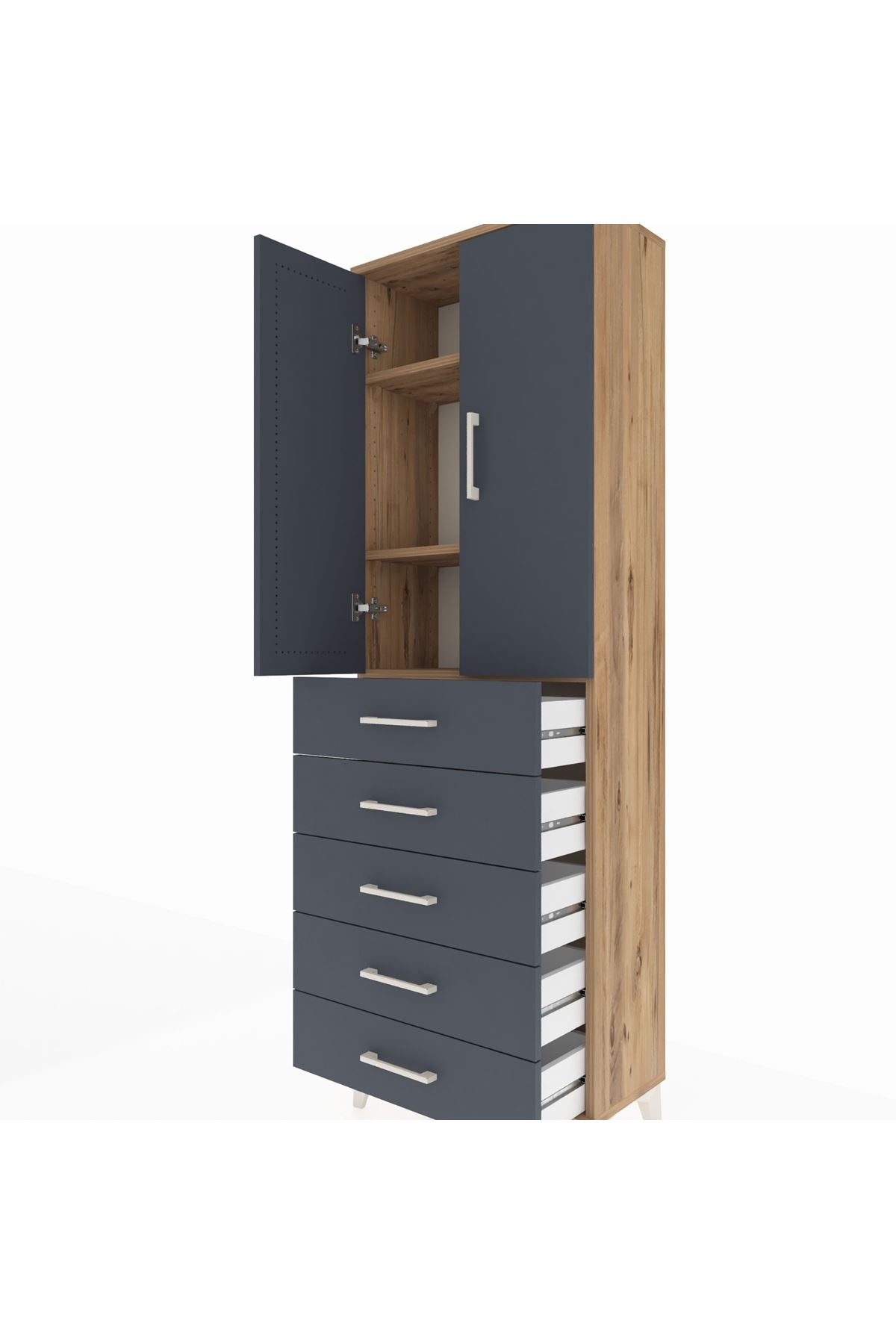 Arges Dolap 3 Raflı 5 Çekmeceli 2 Kapaklı 60x30x182 Çam-Antrasit