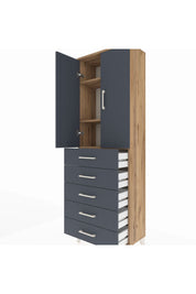 Arges Dolap 3 Raflı 5 Çekmeceli 2 Kapaklı 60x30x182 Çam-Antrasit