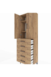 Arges Dolap 3 Raflı 5 Çekmeceli 2 Kapaklı 60x30x182 Çam-Çam