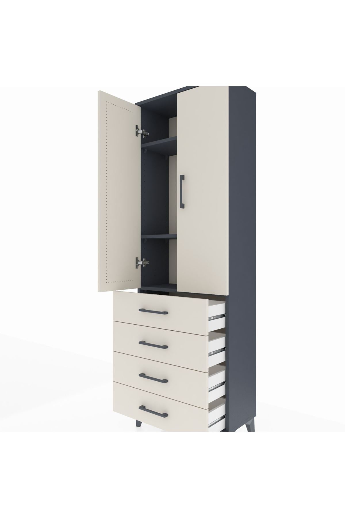 Arges Dolap 3 Raflı 4 Çekmeceli 2 Kapaklı 60x30x182 Antrasit-Aytaşı