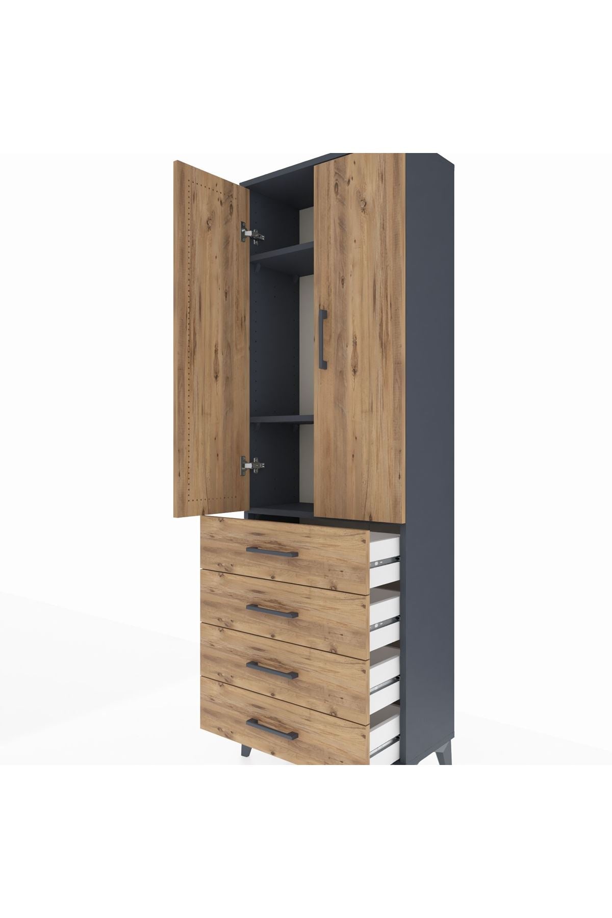 Arges Dolap 3 Raflı 4 Çekmeceli 2 Kapaklı 60x30x182 Antrasit-Çam