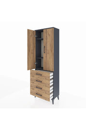 Arges Dolap 3 Raflı 4 Çekmeceli 2 Kapaklı 60x30x182 Antrasit-Çam