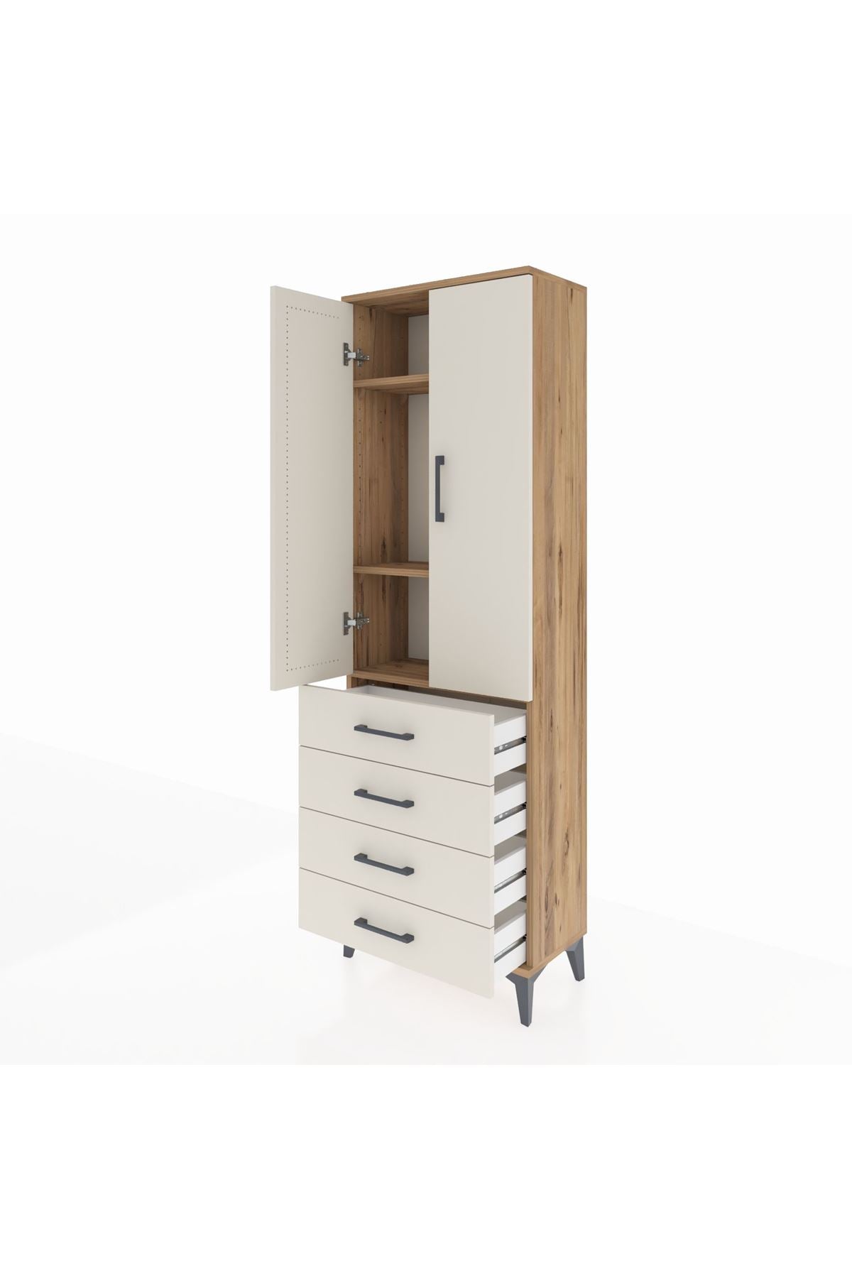 Arges Dolap 3 Raflı 4 Çekmeceli 2 Kapaklı 60x30x182 Çam-Aytaşı