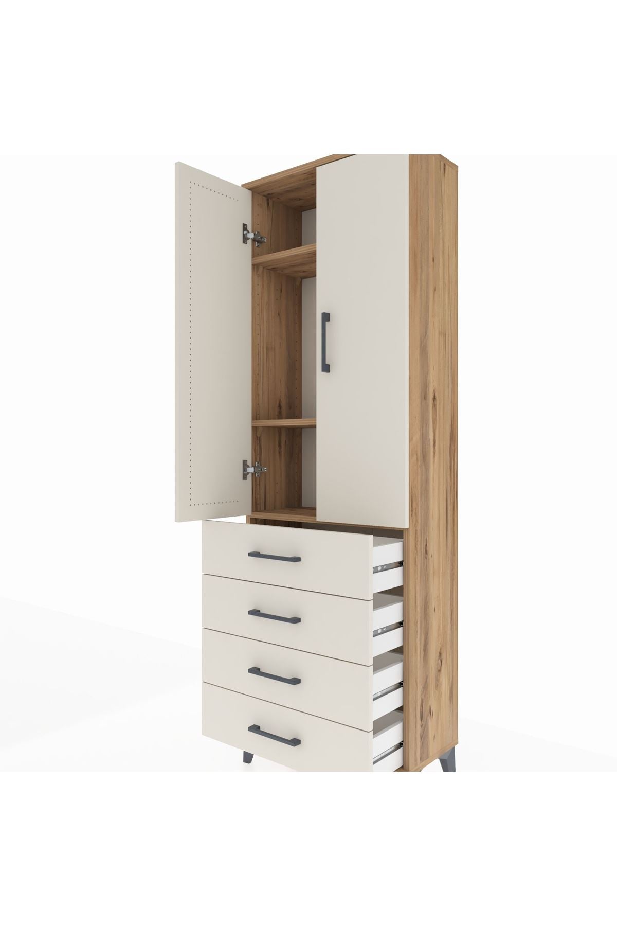 Arges Dolap 3 Raflı 4 Çekmeceli 2 Kapaklı 60x30x182 Çam-Aytaşı