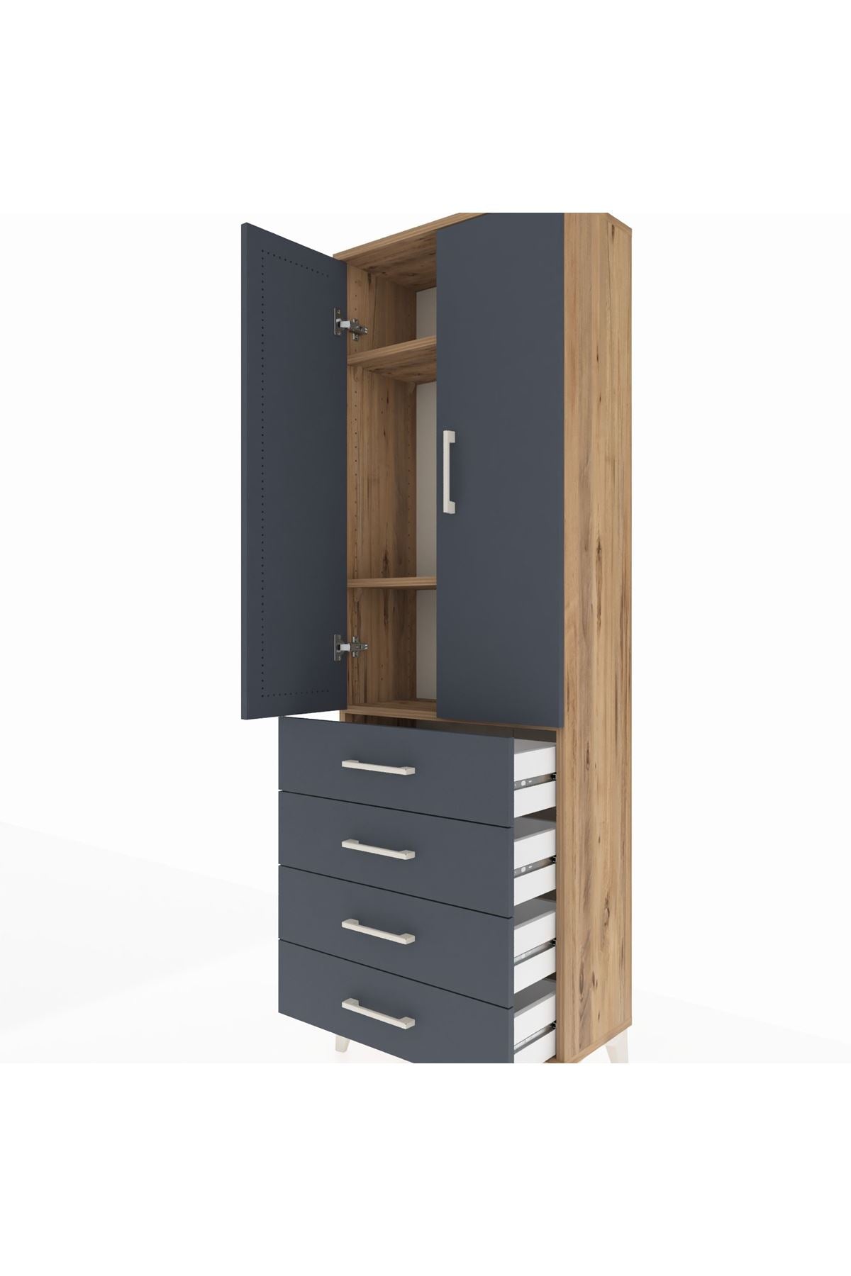 Arges Dolap 3 Raflı 4 Çekmeceli 2 Kapaklı 60x30x182 Çam-Antrasit