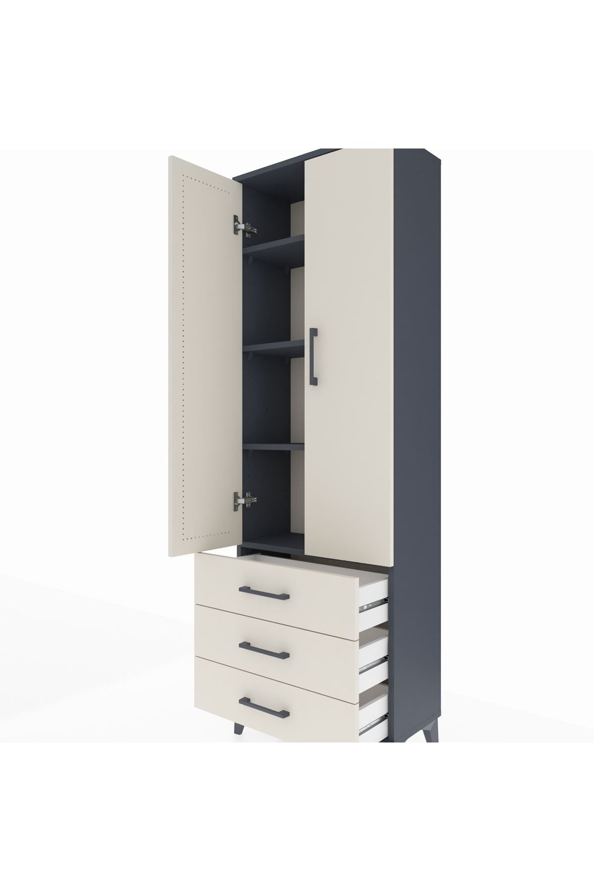 Arges Dolap 4 Raflı 3 Çekmeceli 2 Kapaklı 60x30x182 Antrasit-Aytaşı