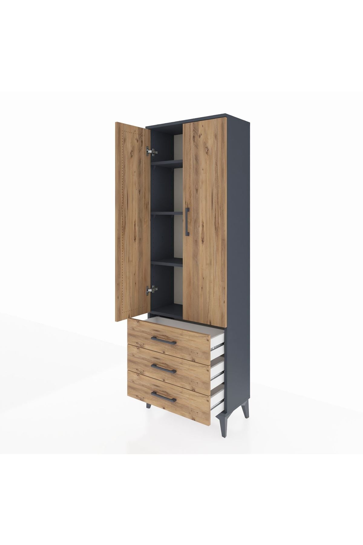 Arges Dolap 4 Raflı 3 Çekmeceli 2 Kapaklı 60x30x182 Antrasit-Çam