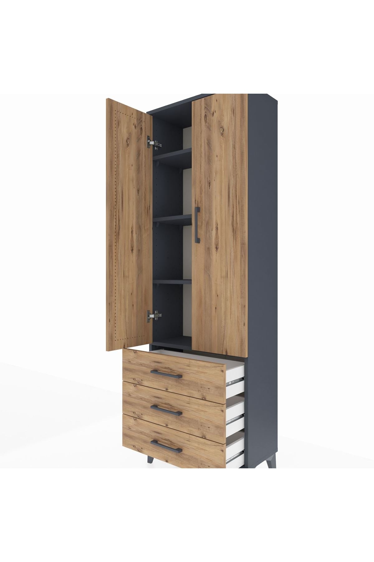 Arges Dolap 4 Raflı 3 Çekmeceli 2 Kapaklı 60x30x182 Antrasit-Çam