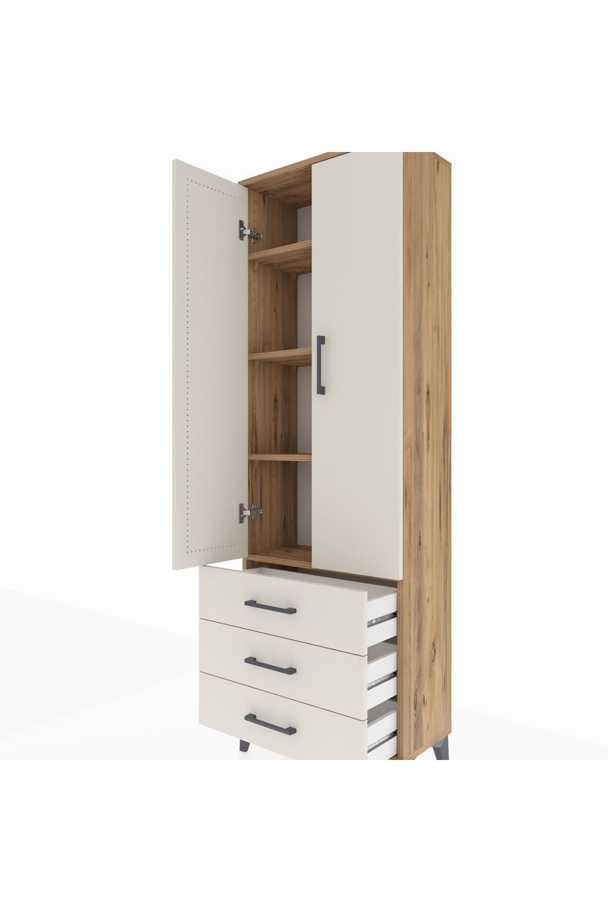 Arges Dolap 4 Raflı 3 Çekmeceli 2 Kapaklı 60x30x182 Çam-Aytaşı