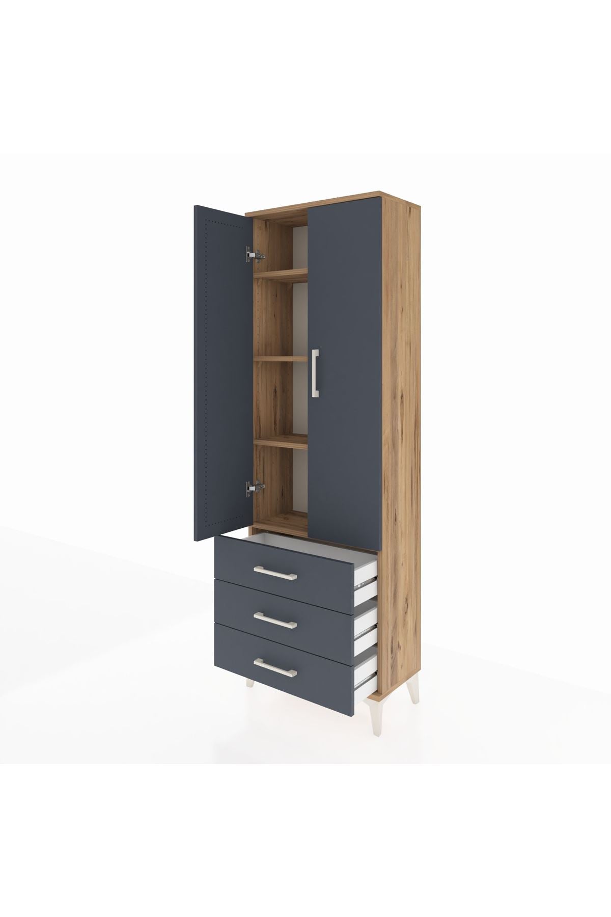 Arges Dolap 4 Raflı 3 Çekmeceli 2 Kapaklı 60x30x182 Çam-Antrasit