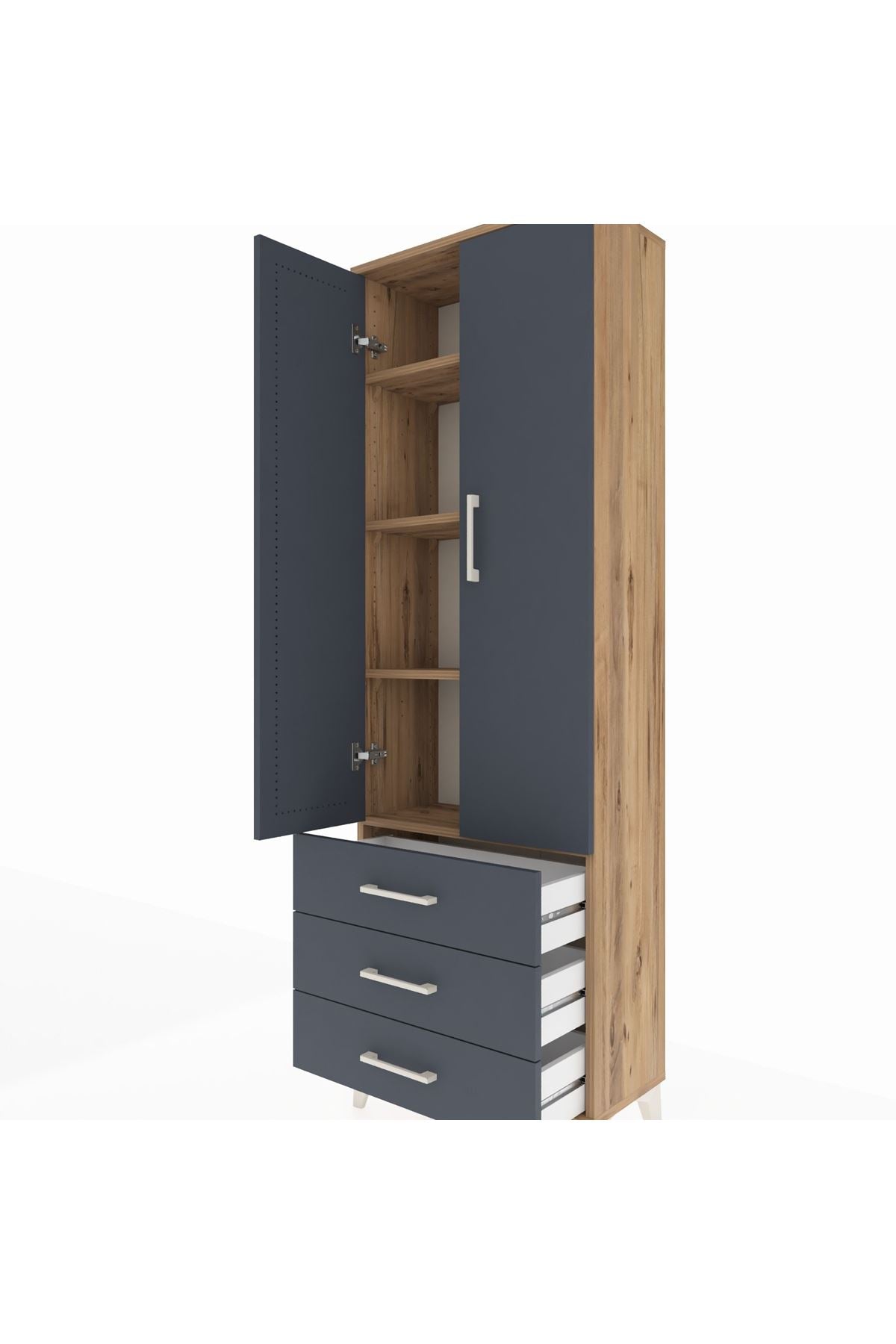Arges Dolap 4 Raflı 3 Çekmeceli 2 Kapaklı 60x30x182 Çam-Antrasit