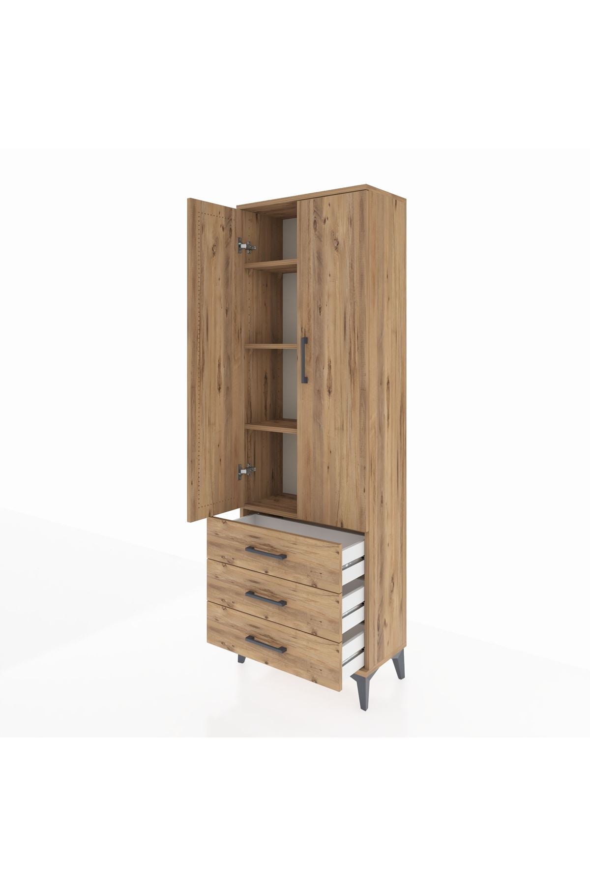 Arges Dolap 4 Raflı 3 Çekmeceli 2 Kapaklı 60x30x182 Çam-Çam