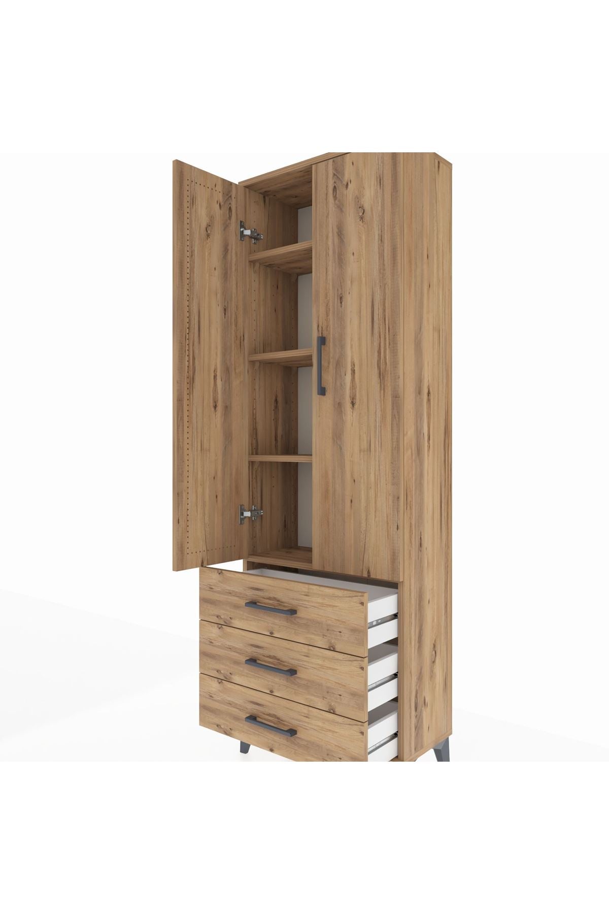 Arges Dolap 4 Raflı 3 Çekmeceli 2 Kapaklı 60x30x182 Çam-Çam