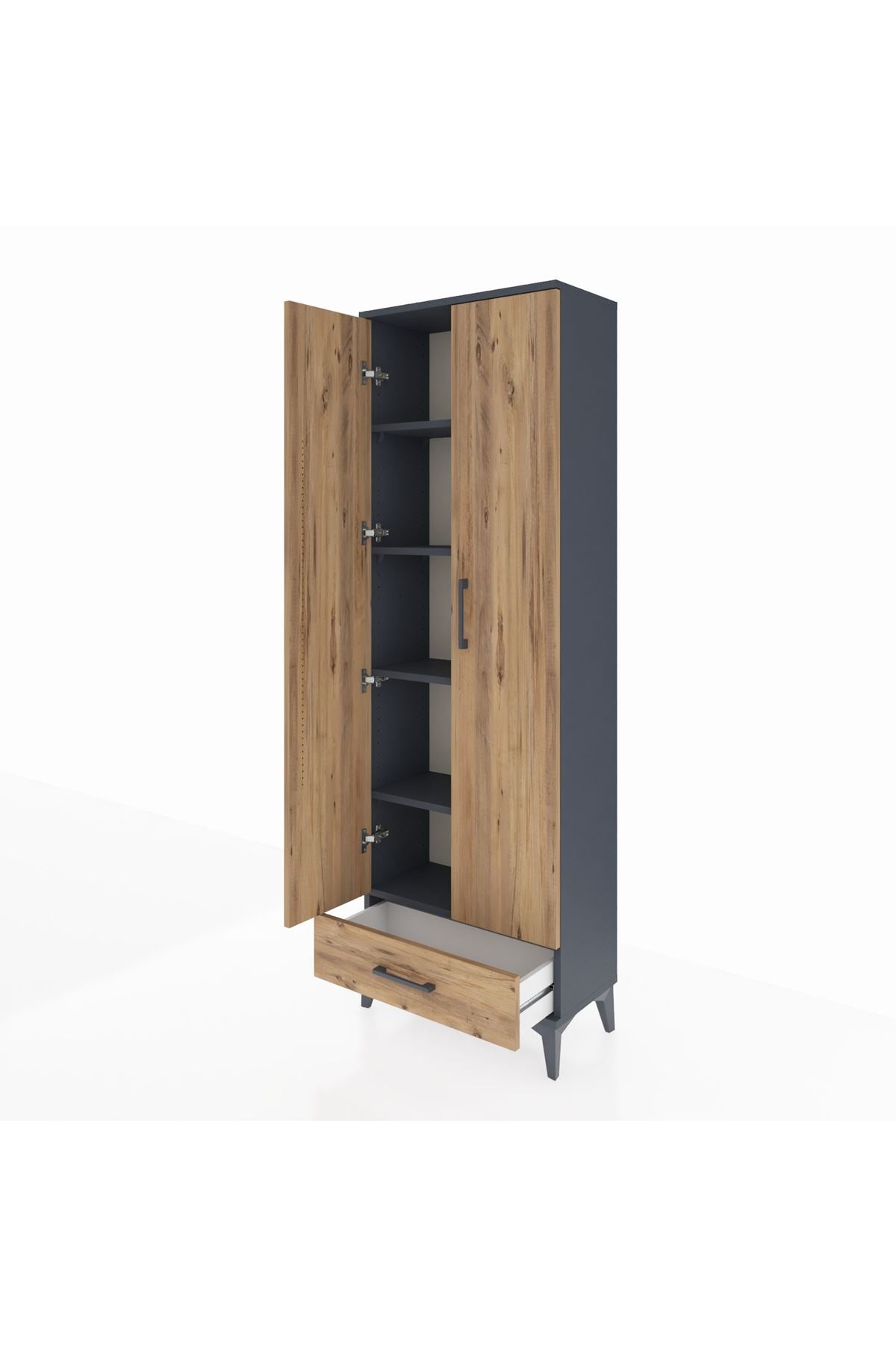 Arges Dolap 5 Raflı Tek Çekmeceli 2 Kapaklı 60x30x182 Antrasit-Çam