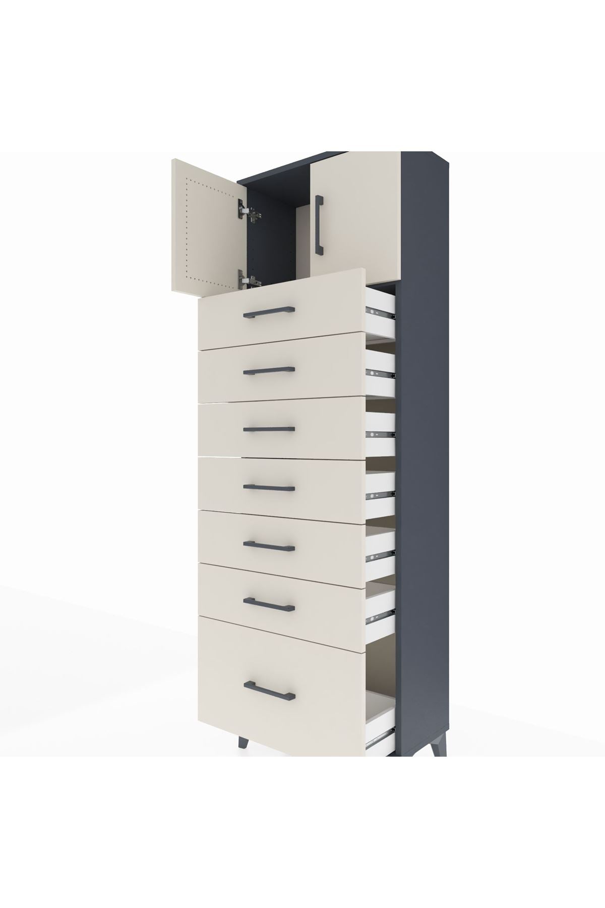 Arges Dolap Tek Raflı 7 Çekmeceli 2 Kapaklı 60x30x182 Antrasit-Aytaşı