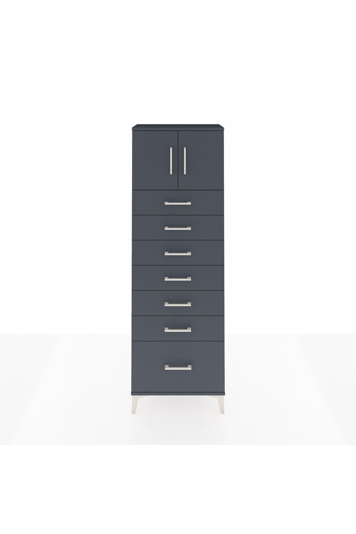 Arges Dolap Tek Raflı 7 Çekmeceli 2 Kapaklı 60x30x182 Antrasit-Antrasit