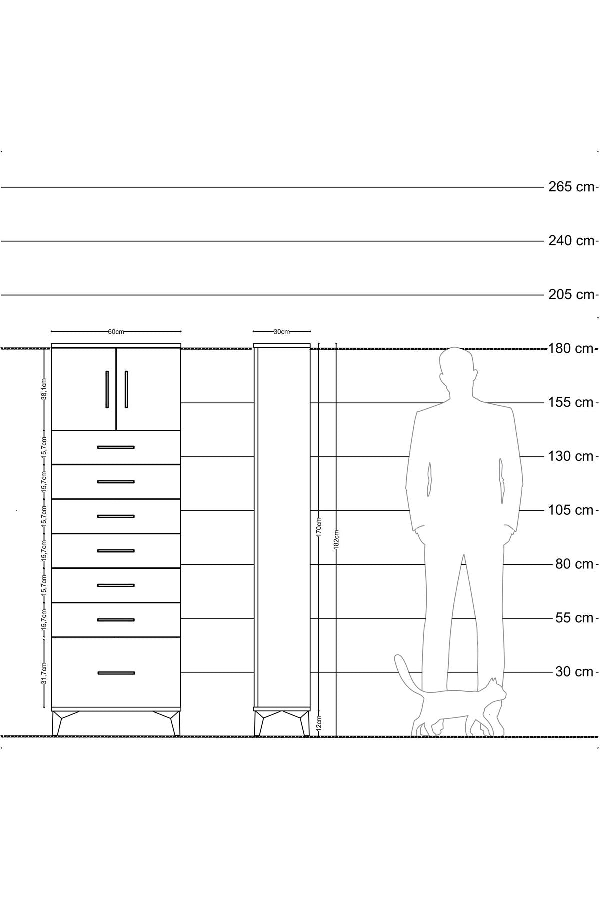 Arges Dolap Tek Raflı 7 Çekmeceli 2 Kapaklı 60x30x182 Antrasit-Antrasit